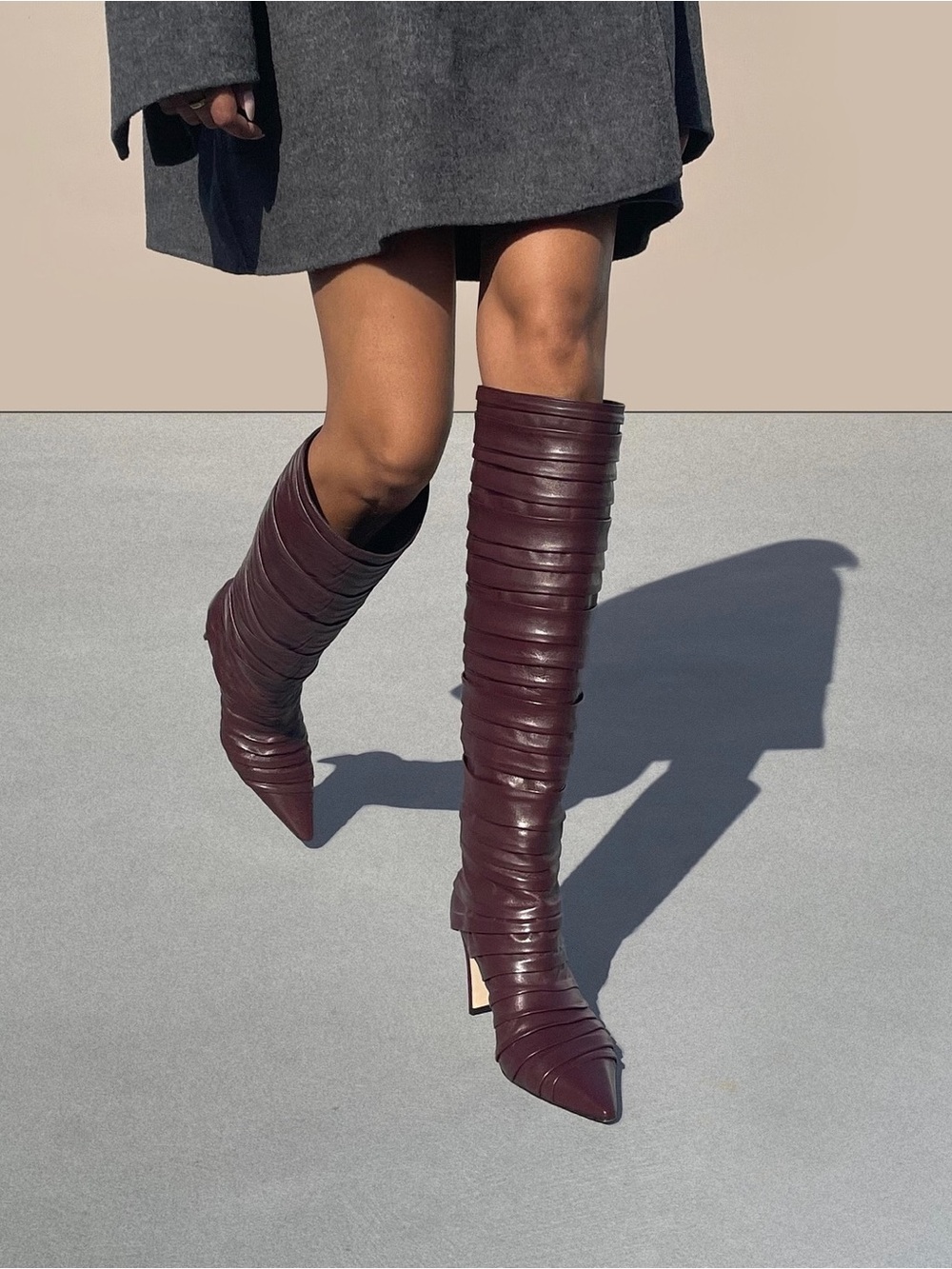 Women's Burgundy Plissé Nappa Leather Knee-High Boot